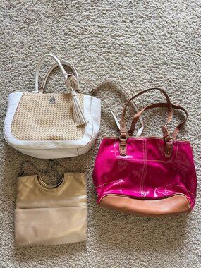 Set of 3 Women Handbags Anne Klein Straw Satchel Nine West Pink Tote Gold Clutch